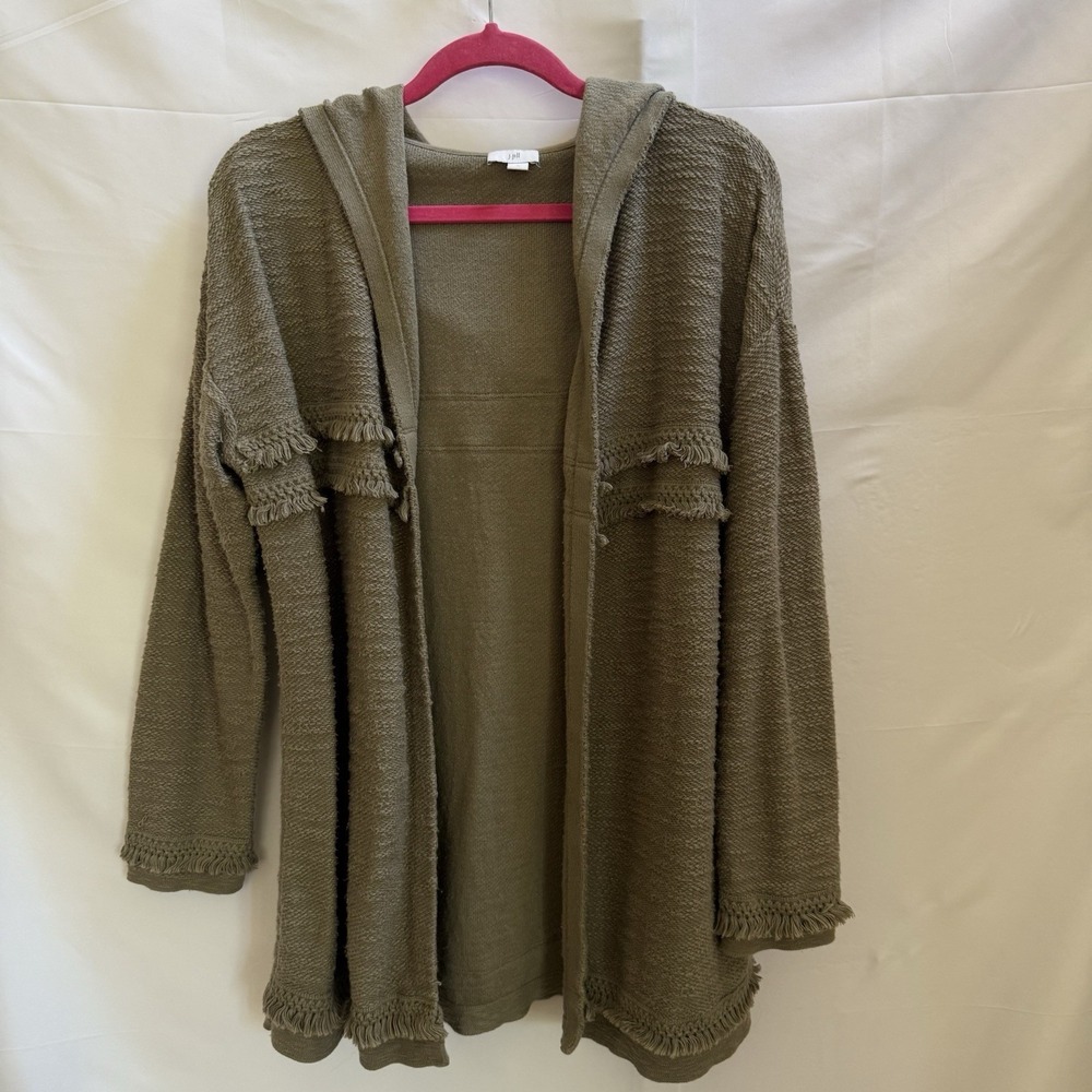 J.Jill Women Hooded Cardigan Fringed Cotton Sweater Sage Green Size Medium